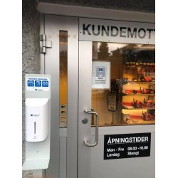 Gulvstativ med berringsfri/automat dispenser for desinfeksjonsmiddel - m/pfyllbar innebeholder 