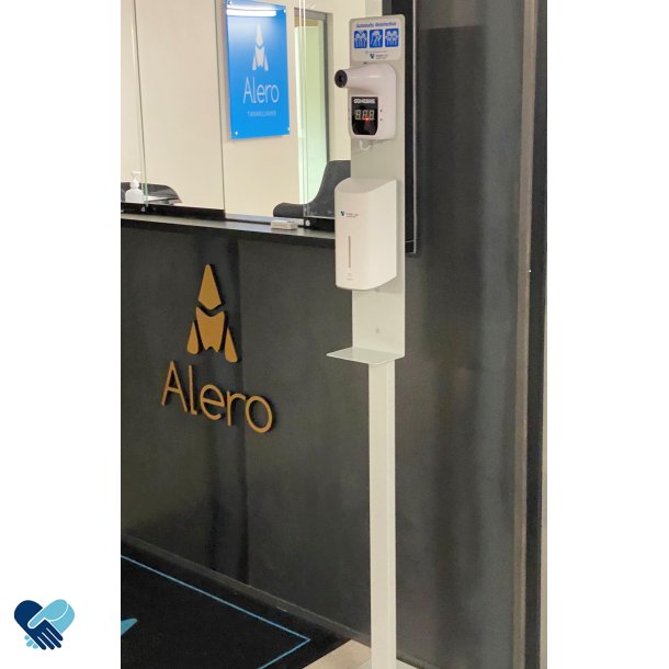 Teststasjon m/termometer for mling av feber og automat dispenser for desinfeksjonsmiddel 