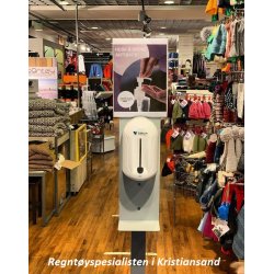 Gulvstativ med berringsfri/automat dispenser for desinfeksjonsmiddel - m/pfyllbar innebeholder 